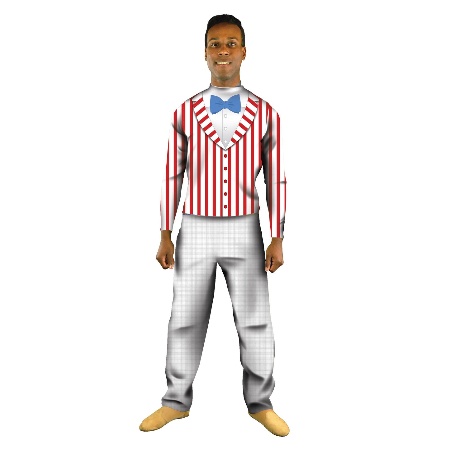 Photo of man in a pinstripe suit costume. Top Theatre Poppins Pop-Culture Penguin Pant Nanny Mary Poppins Fair Explore Circus Carnival Barbershop American America 50's