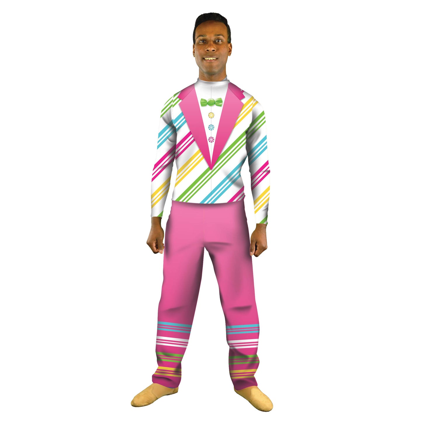 Photo of many in candy suit costume. Yellow Top Sweets Suit Stripes Pink Pant Lollipop Gumdrop Explore Colorful Circus Characters Character Carnival Candy Land Candy Bright Barbershop