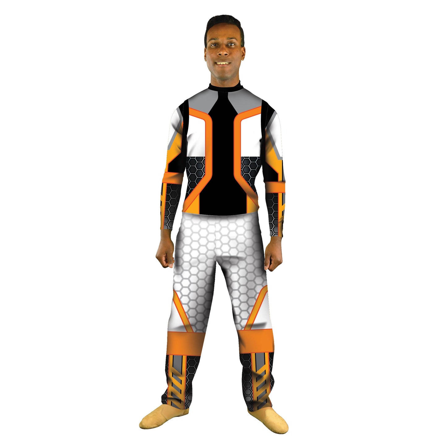 Photo of man in sci-fi pilot costume. Top Tech Star Space Science Sci-Fi Robotic Robot Pilot Pant Orange Hi-Tech Galaxy Galactic Future Fighter Fiction Explore Characters Character Armor