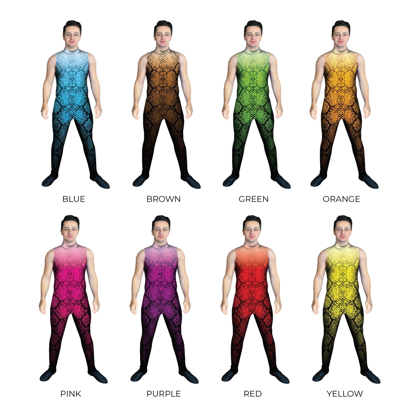Grid of men in snake costumes. Unitard Snake Sleeved Scales Reptile Rainbow Jungle Forest Explore Dance Creature Characters Character Blue Animal print Animal