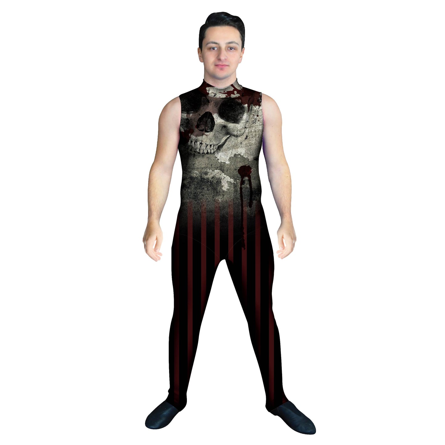 Photo of man in abstract skull pirate costume. Vintage Unitard Swashbuckler Sleeveless Skull Ship Pirate Ocean macabre Goth Explore Dark Boat Black Argh Abstracts Abstract