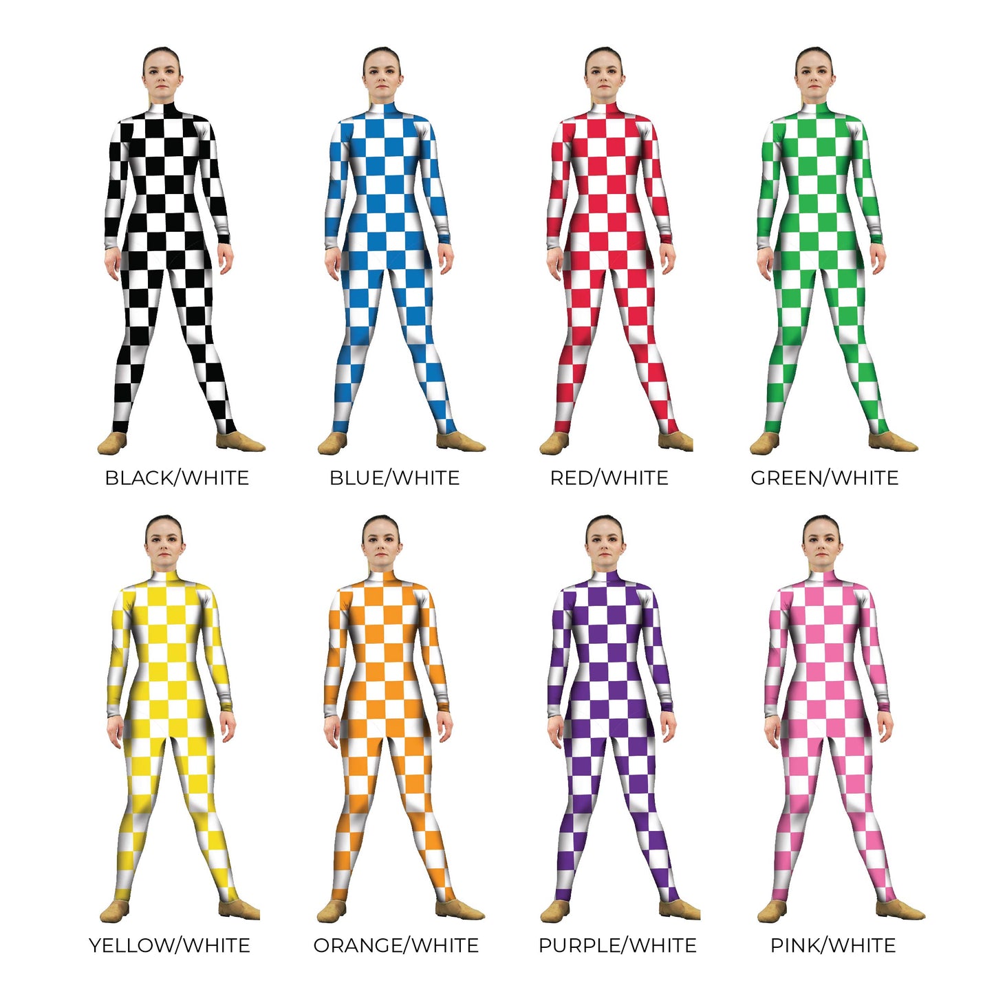 Grid of multi colored checkered costumes. Unitard Pattern Grid Explore Checker Check Bases Base