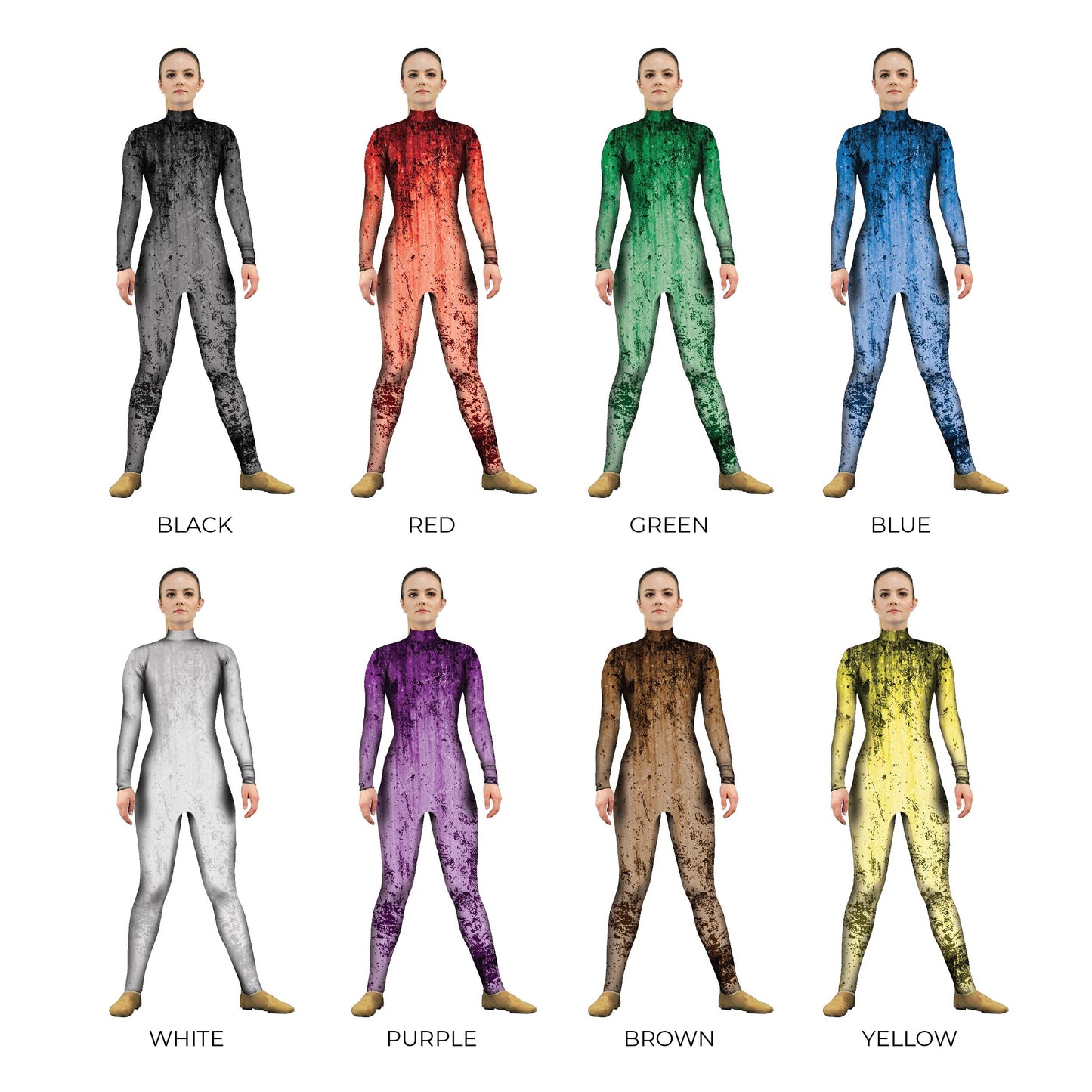 Grid of grunge costumes. Unitard Solid Primary Multi-Color Layer Grunge Gritty Explore Distressed Colors Colorful Color Bases Base