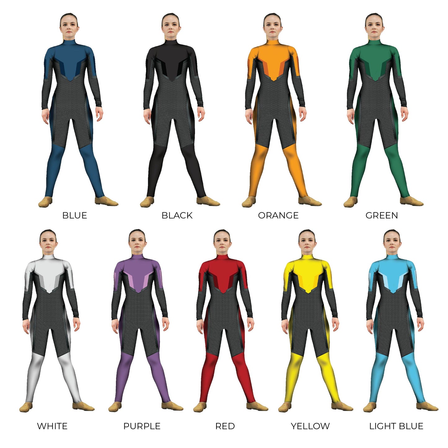 Grid of Colorful Printed Costumes. Unitard Technology Tech Sleeved Science Sci-Fi Robotic Robot Rainbow Multi-Color Hi-Tech Future Fiction Explore Cosplay Colors Colorful Color Bases Base