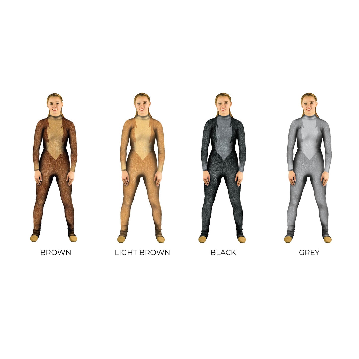 Row of multi-colored woodland animal costumes. Woods Unitard Theatre Theater Squirrel Sleeved Plays Play Jungle Fur Forest Explore Dance Creature Chipmunk Characters Character Brown Animal