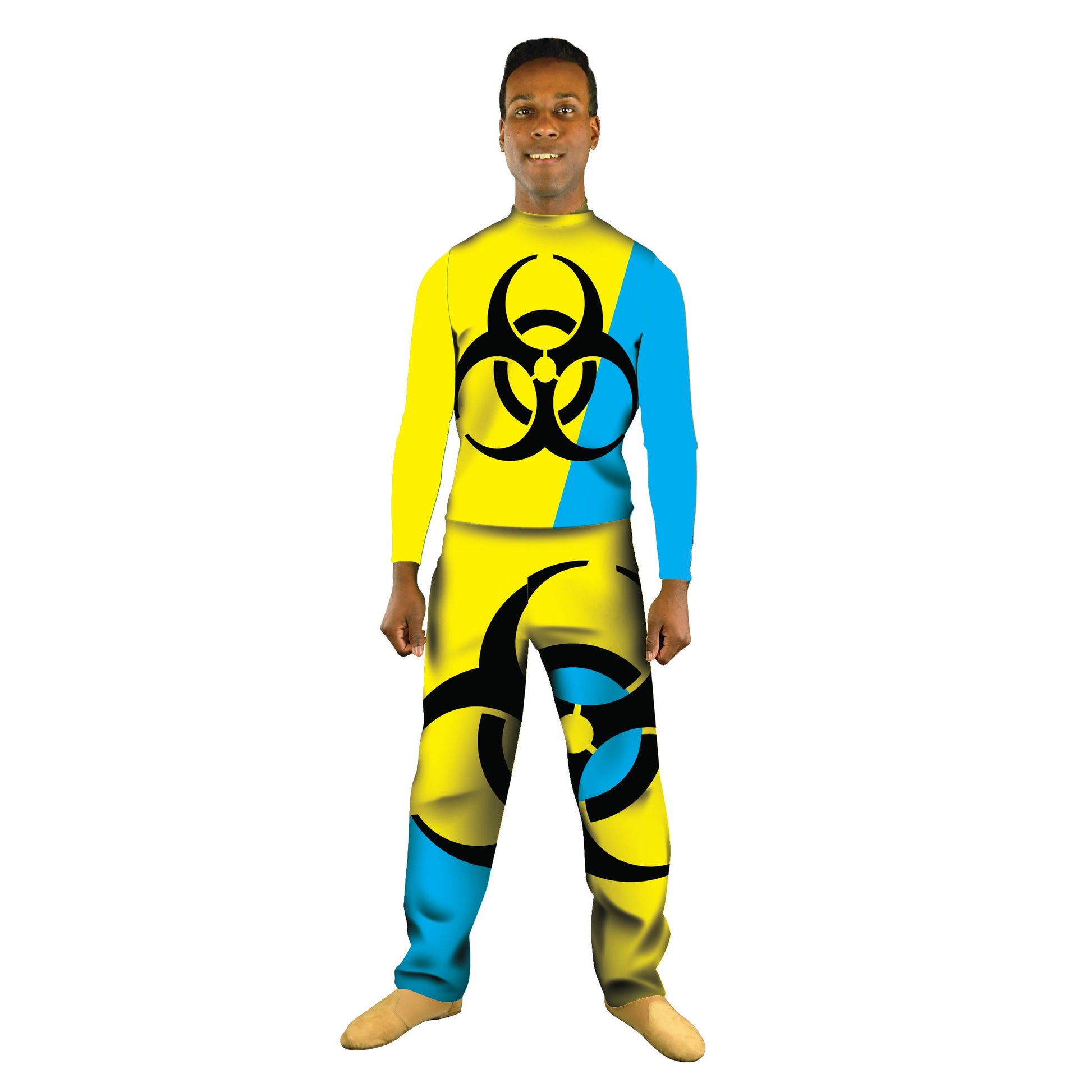 Photo of man in yellow biohazard costume.  Yellow Tunic Radioactive Neon Movement Leggings Hazard Explore Dance Colorful Circus Bright Blue Bio Apocolypse Abstracts Abstract