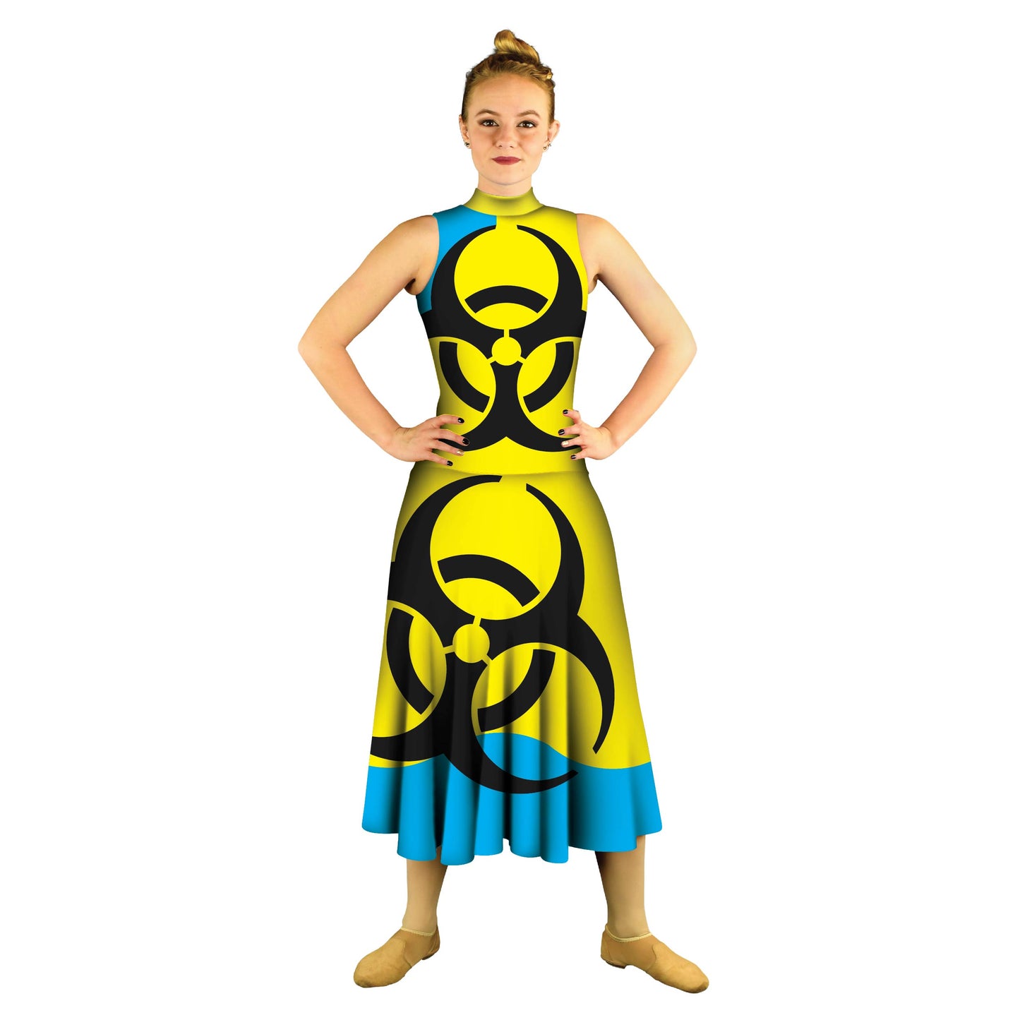 Photo of woman in yellow biohazard costume.  Yellow Tunic Radioactive Neon Movement Leggings Hazard Explore Dance Colorful Circus Bright Blue Bio Apocolypse Abstracts Abstract