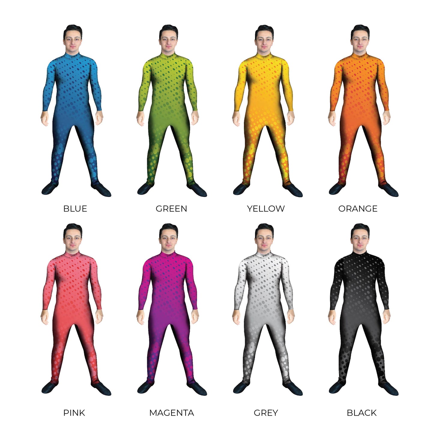 Grid of men in patterned costume. Unitard Tech Sleeved Pattern Multi-Color Hi-Tech Explore Digital Blue Black Abstracts Abstract