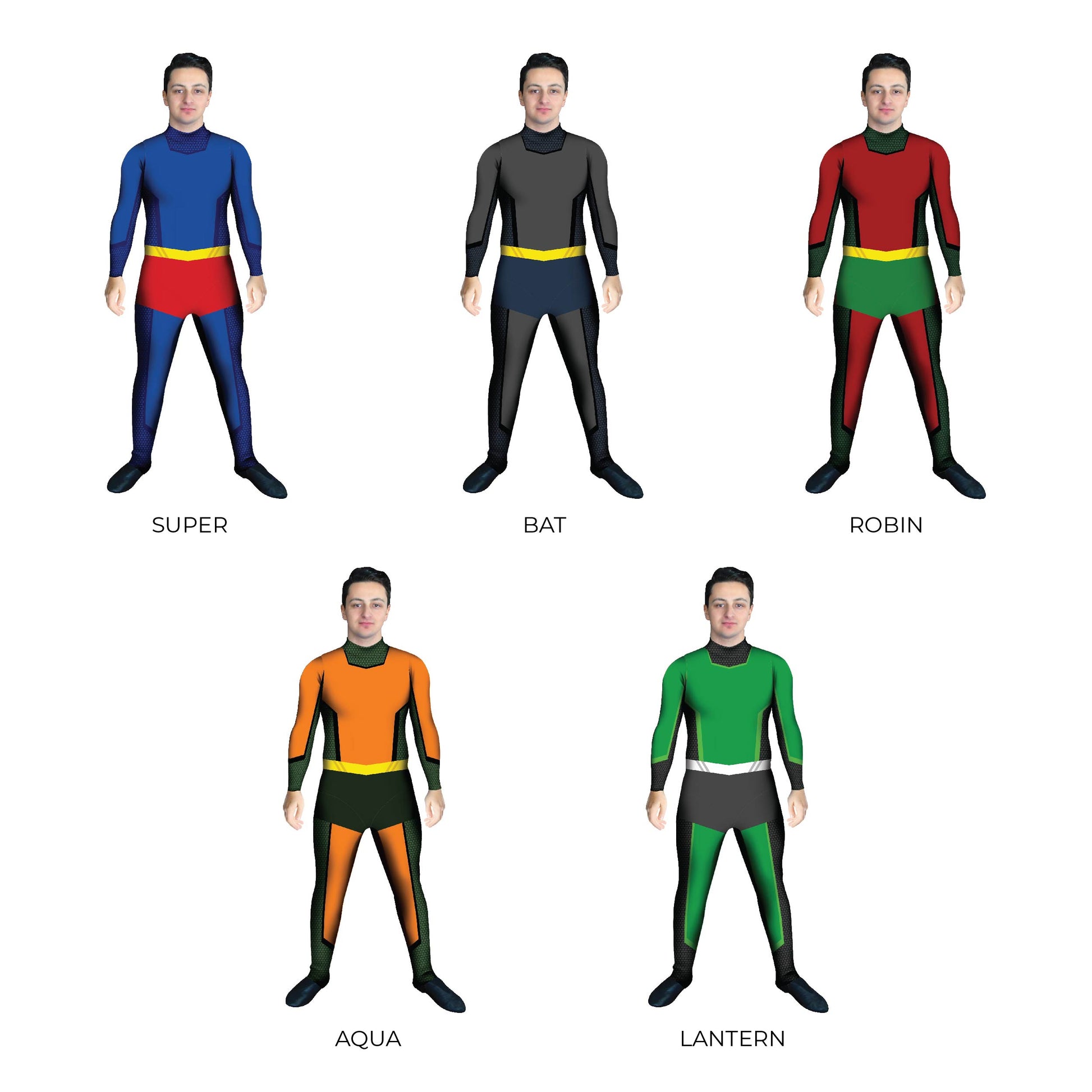 Grid of men in super hero costumes. Unitard Superman Super Powers Super Hero Super Sleeved Science Sci-Fi Powers Marvel Future Explore Disney DC Comics Comic Book Batman Bases Base