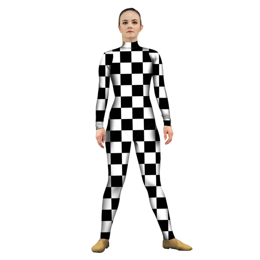 Photo of woman in black and white checker costume. Unitard Pattern Grid Explore Checker Check Bases Base