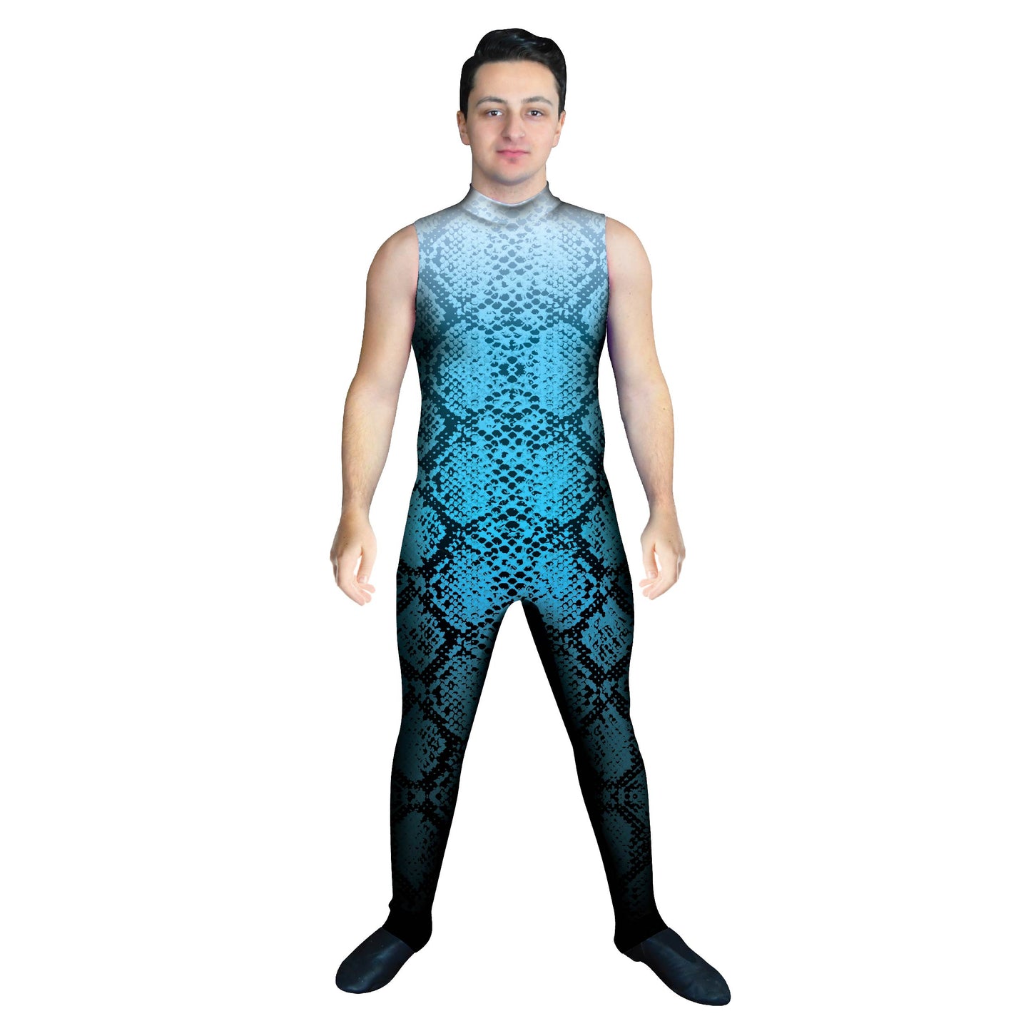 Photo of man in snake costume. Unitard Snake Sleeved Scales Reptile Rainbow Jungle Forest Explore Dance Creature Characters Character Blue Animal print Animal
