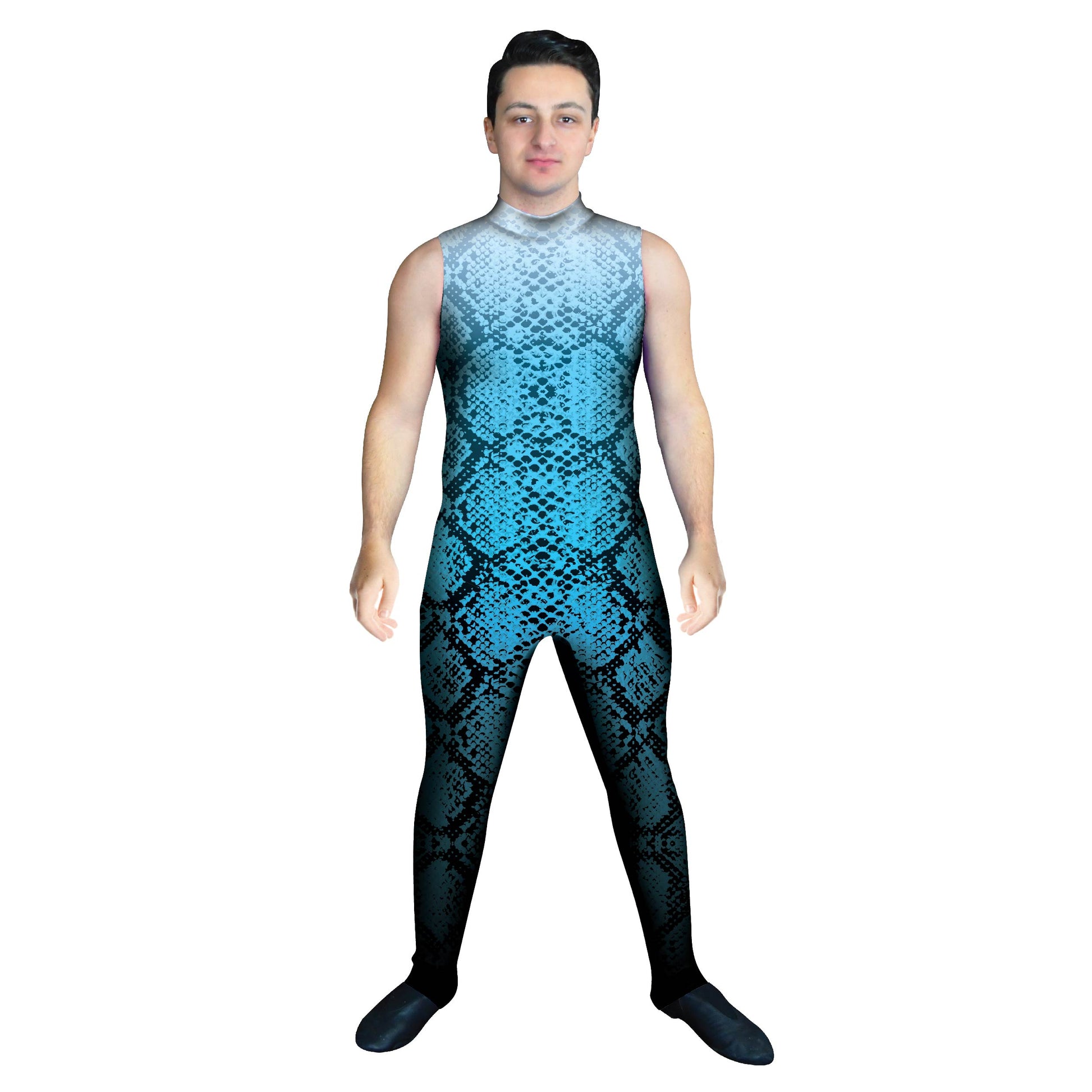 Photo of man in snake costume. Unitard Snake Sleeved Scales Reptile Rainbow Jungle Forest Explore Dance Creature Characters Character Blue Animal print Animal
