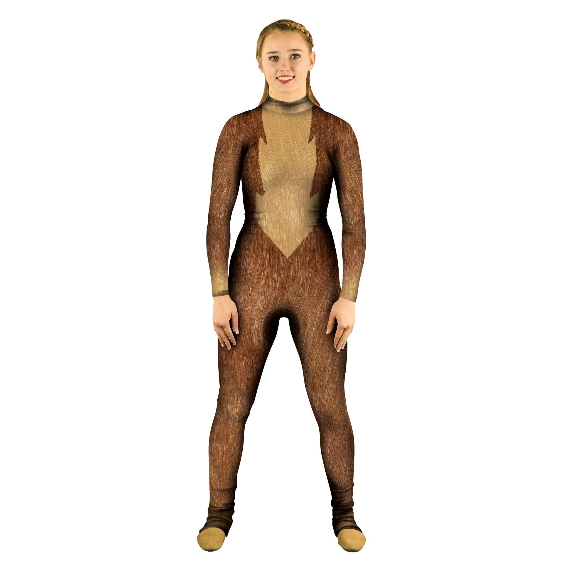 Photo of woman in woodland creature costume. Woods Unitard Theatre Theater Squirrel Sleeved Plays Play Jungle Fur Forest Explore Dance Creature Chipmunk Characters Character Brown Animal