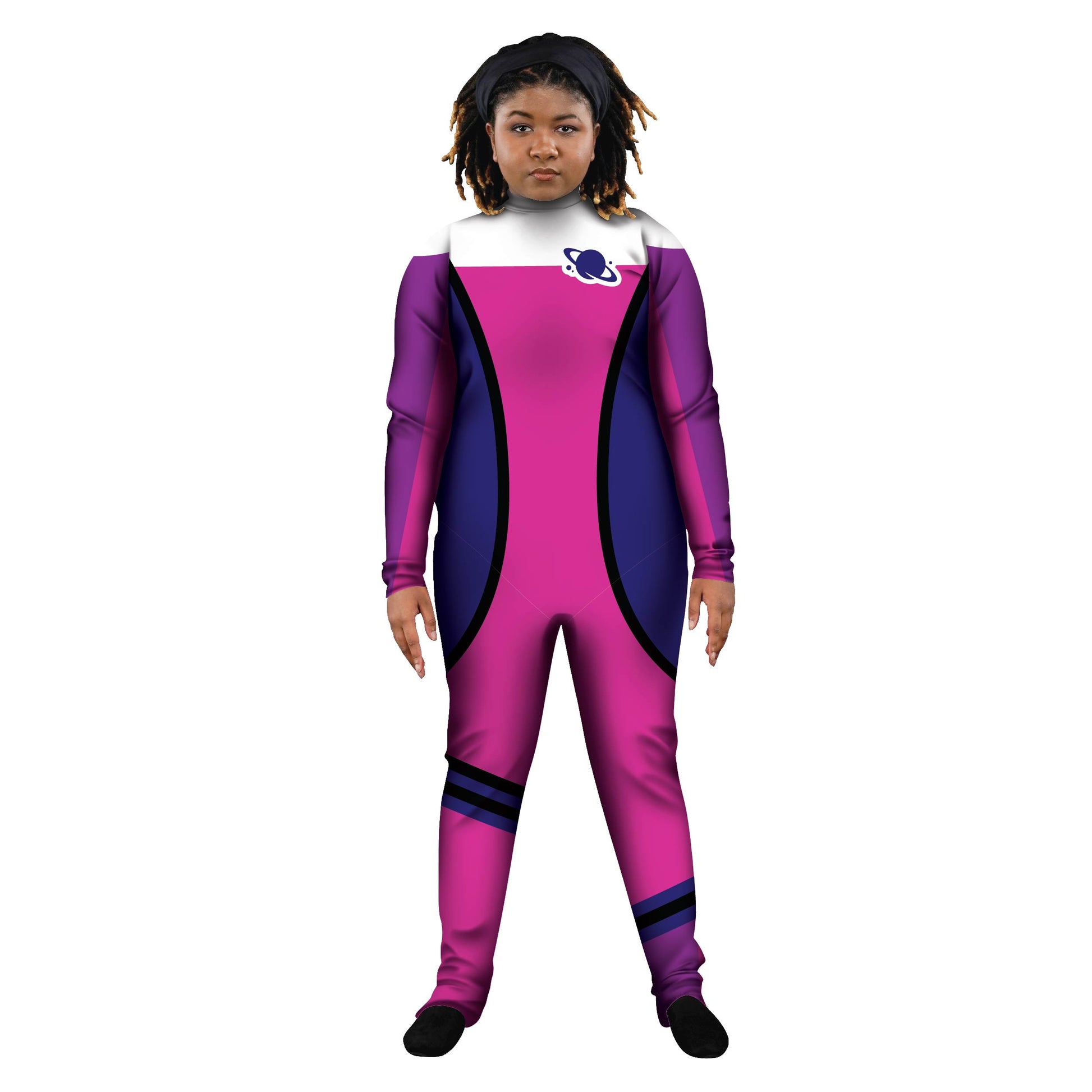 Woman in Space Cadet costume. Unitard Treky stars Star Trek Star Space Soldier Sleeved Science Sci-Fi purple Pink Galactic Future Fiction Fantasy Explore Characters Character Cadet